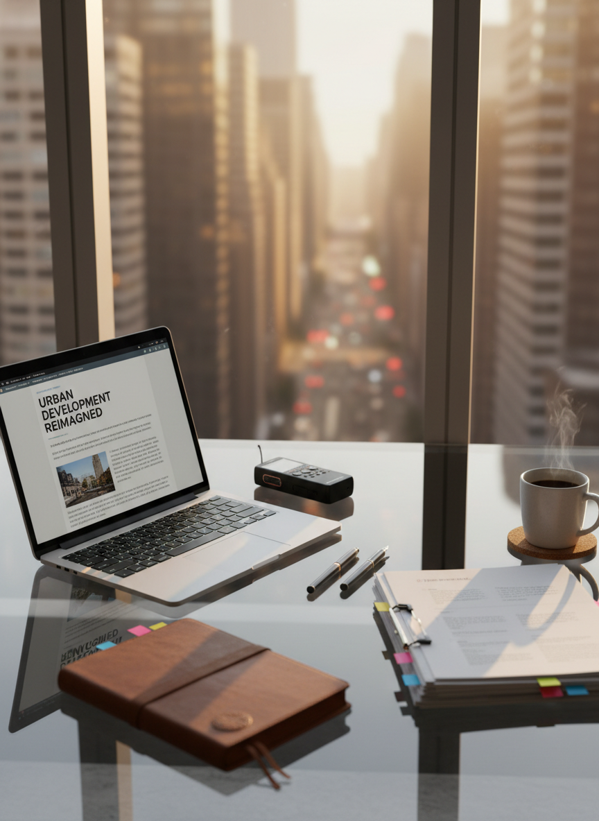 A sleek glass-topped workspace laid out for a meticulous reporter, featuring an open laptop displaying a clean article layout, a slim digital audio recorder, a well-worn leather-bound notebook, and neatly stacked printed pages marked with color-coded sticky tabs. The desk sits near a large window overlooking an abstract, softly blurred cityscape, suggesting a busy newsroom without showing people. Late afternoon natural light pours in, creating gentle reflections on the glass surface and casting crisp, organized shadows. Photographic realism with a clean, modern aesthetic, shot at eye level with a shallow depth of field, keeps the focus on the tools of journalism, conveying professionalism, clarity, and readiness for serious reporting work.