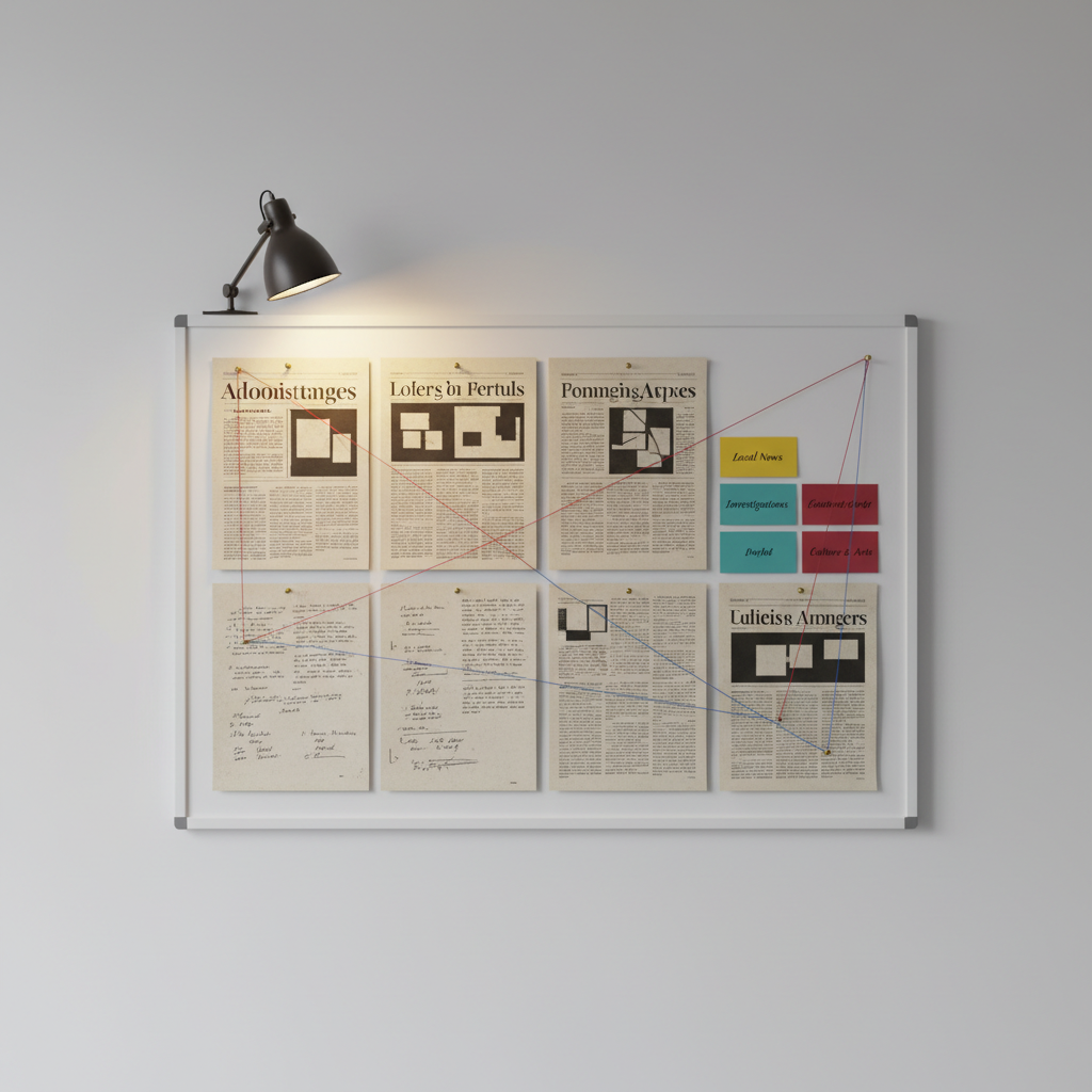 An organized editorial pinboard mounted on a matte white wall, covered with neatly arranged printed article mockups, annotated pages, and color-coded index cards representing different beats and story ideas. Thin red and blue threads subtly connect some items, hinting at investigative work and a diverse portfolio. A small metal clip-on lamp casts focused, warm light from the top corner, creating dramatic but tidy shadows and emphasizing texture in the paper. Shot straight-on with photographic realism and sharp focus across the frame, the composition feels like a homepage hero image for a journalism portfolio, evoking structure, depth, and the breadth of a reporter’s experience without using any legible text or human figures.